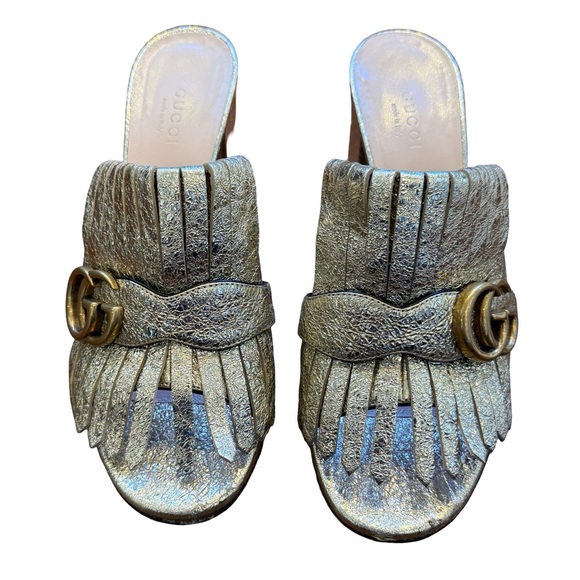 Gucci Shoes - Gucci GG Marmont Metallic Gold Fringe Mule Sandals